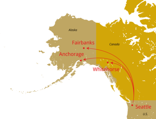 a map of alaska and western canada with fairbanks, anchorage, whitehorse, and seattle highlighted and connected through arrows which are directed towards fairbanks, anchorage and whitehorse indicating which one-ways are possible