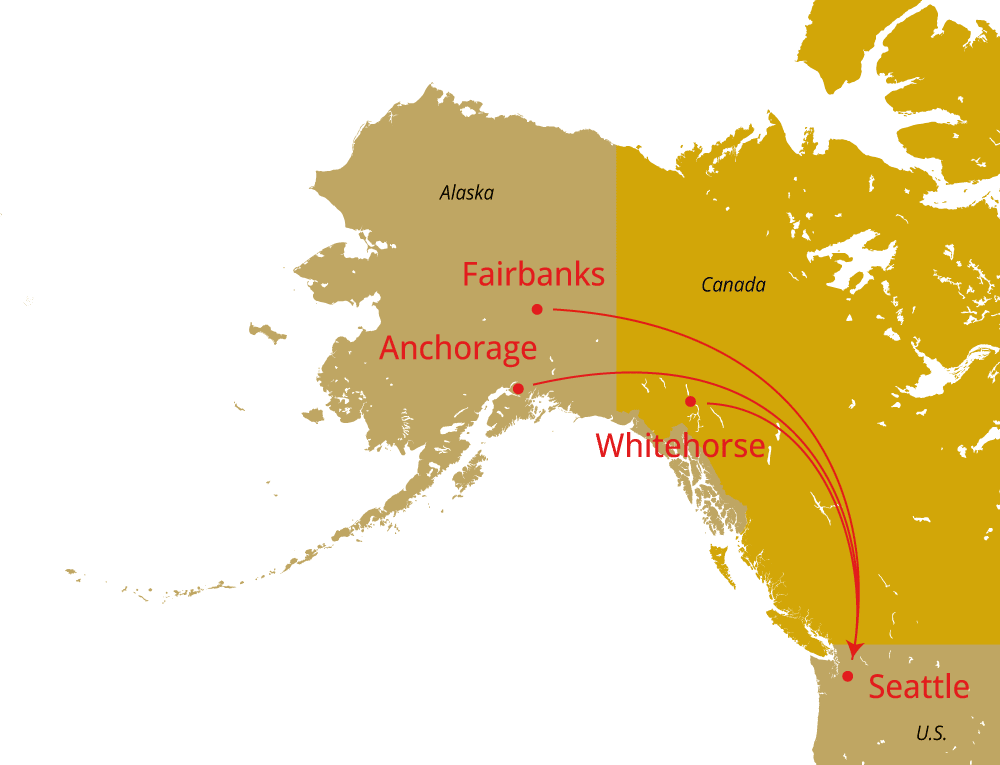 a map of alaska and western canada with fairbanks, anchorage, whitehorse, and seattle highlighted and connected through arrows which are directed towards seattle indicating which one-ways are possible