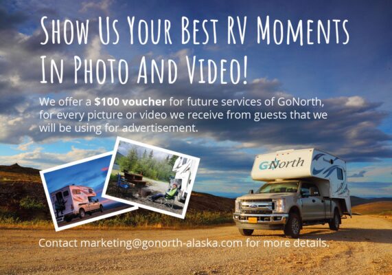 Truck camper on gravel road during sunset with text explanation of a photo contest