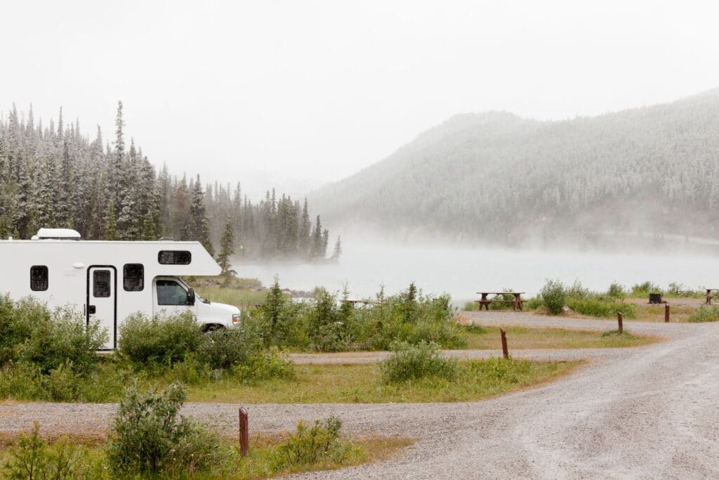 RV at campground in fog