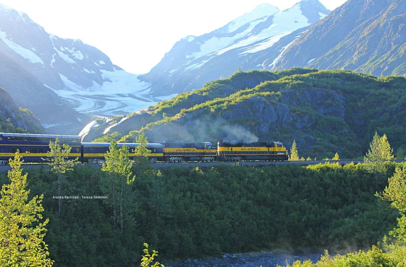 Coastal Classic train in front of a glacier