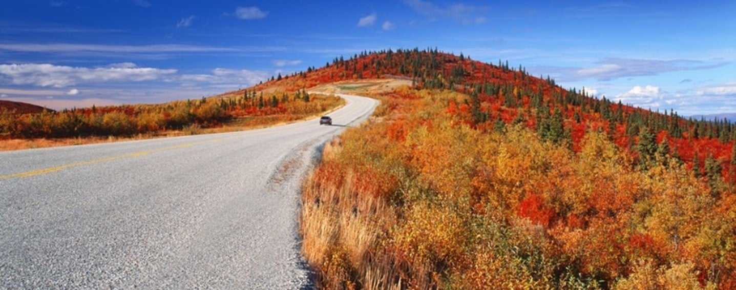 Car driving on gravel road in fall colors Splendid Nature of the Yukon