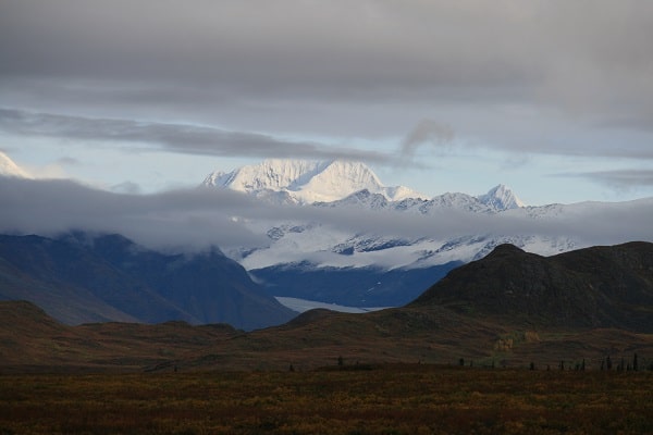 Tundra in the front, snow capped mountain in the back with clouds passing by