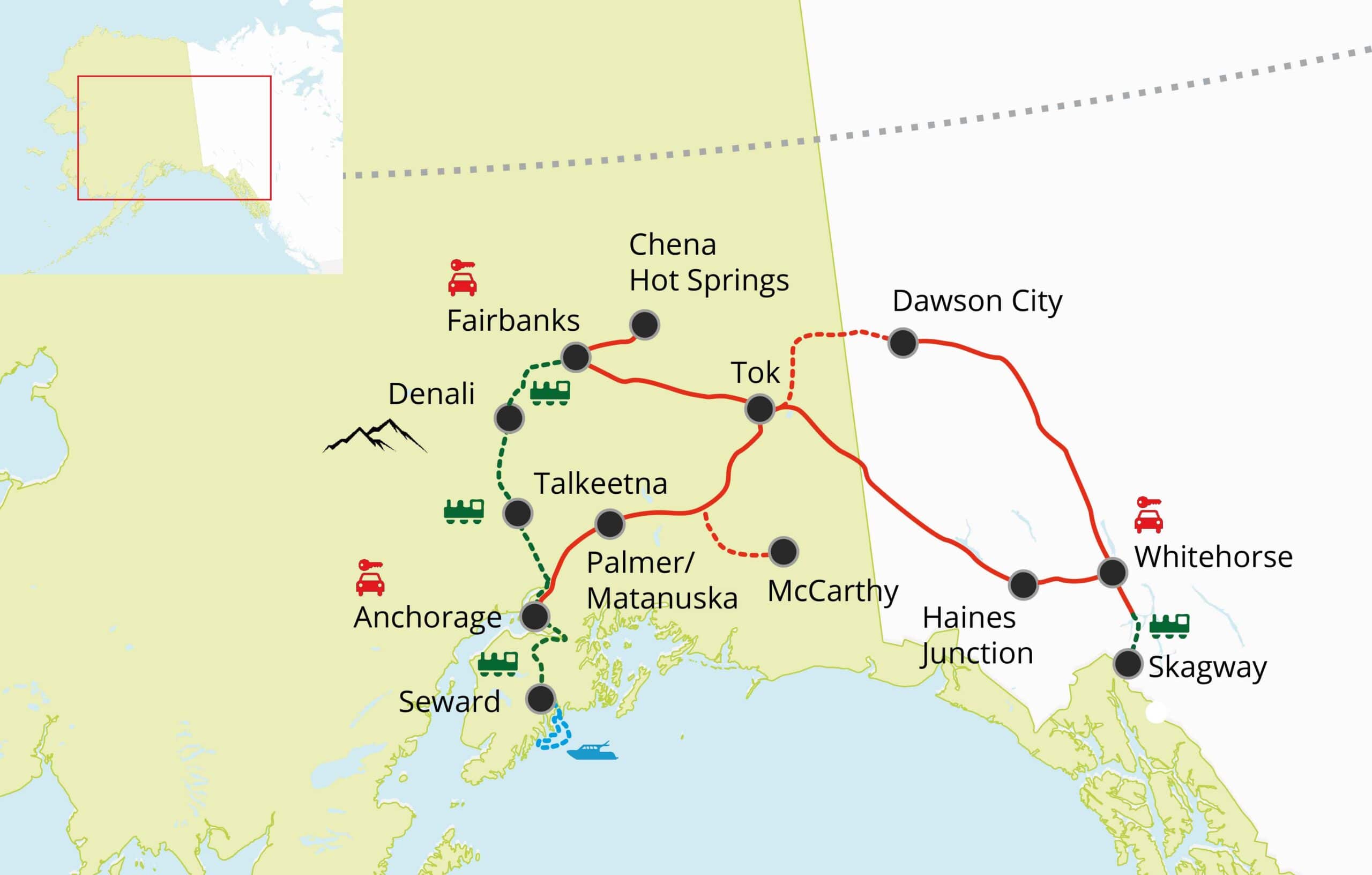 Discover Alaska and Yukon by Train & Car map