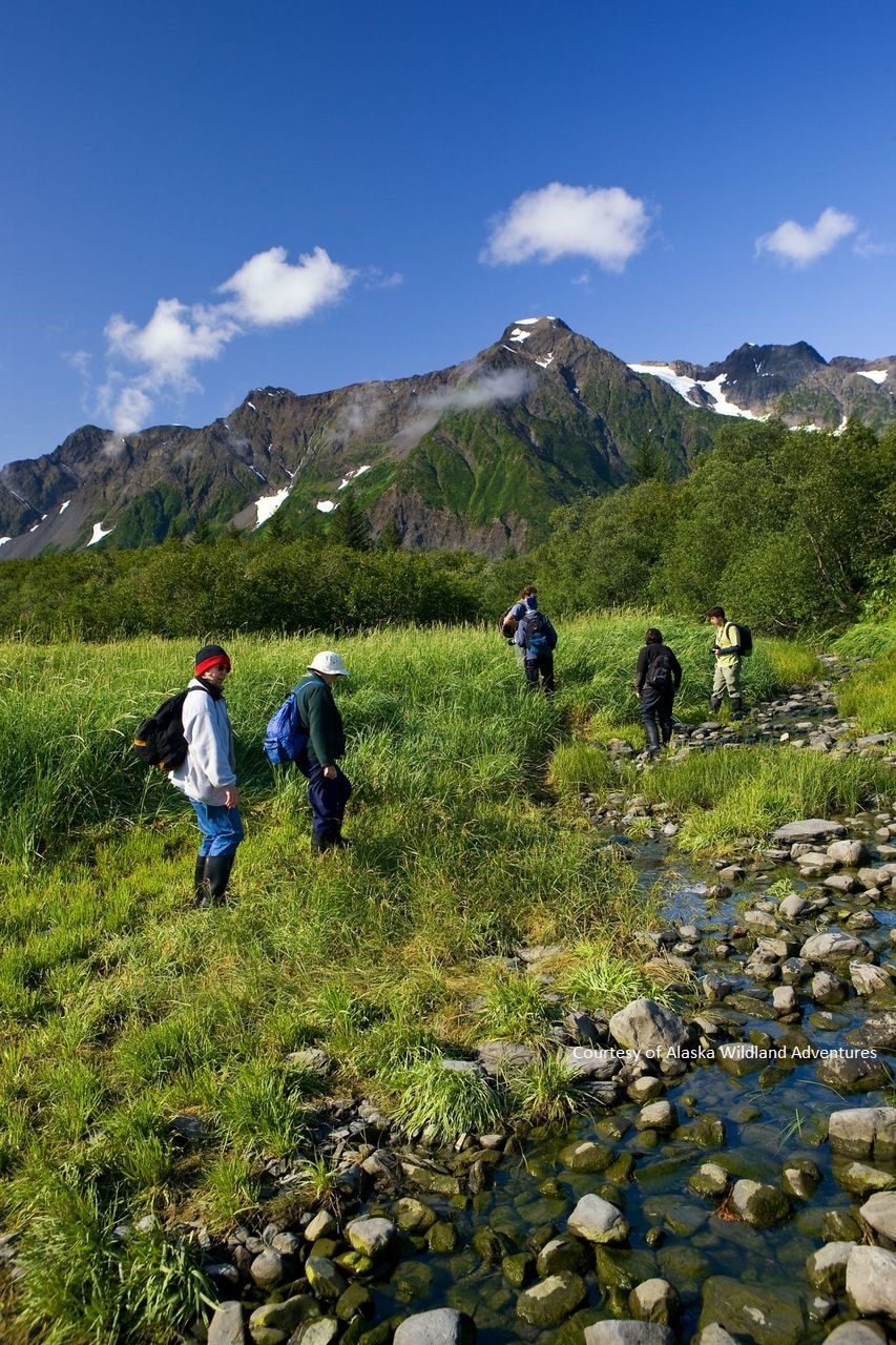 5 people hiking on green grass along a river towards mountains in the back