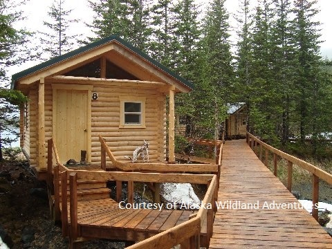 a wooden cabin from the outside and a wooden path leading twoards it