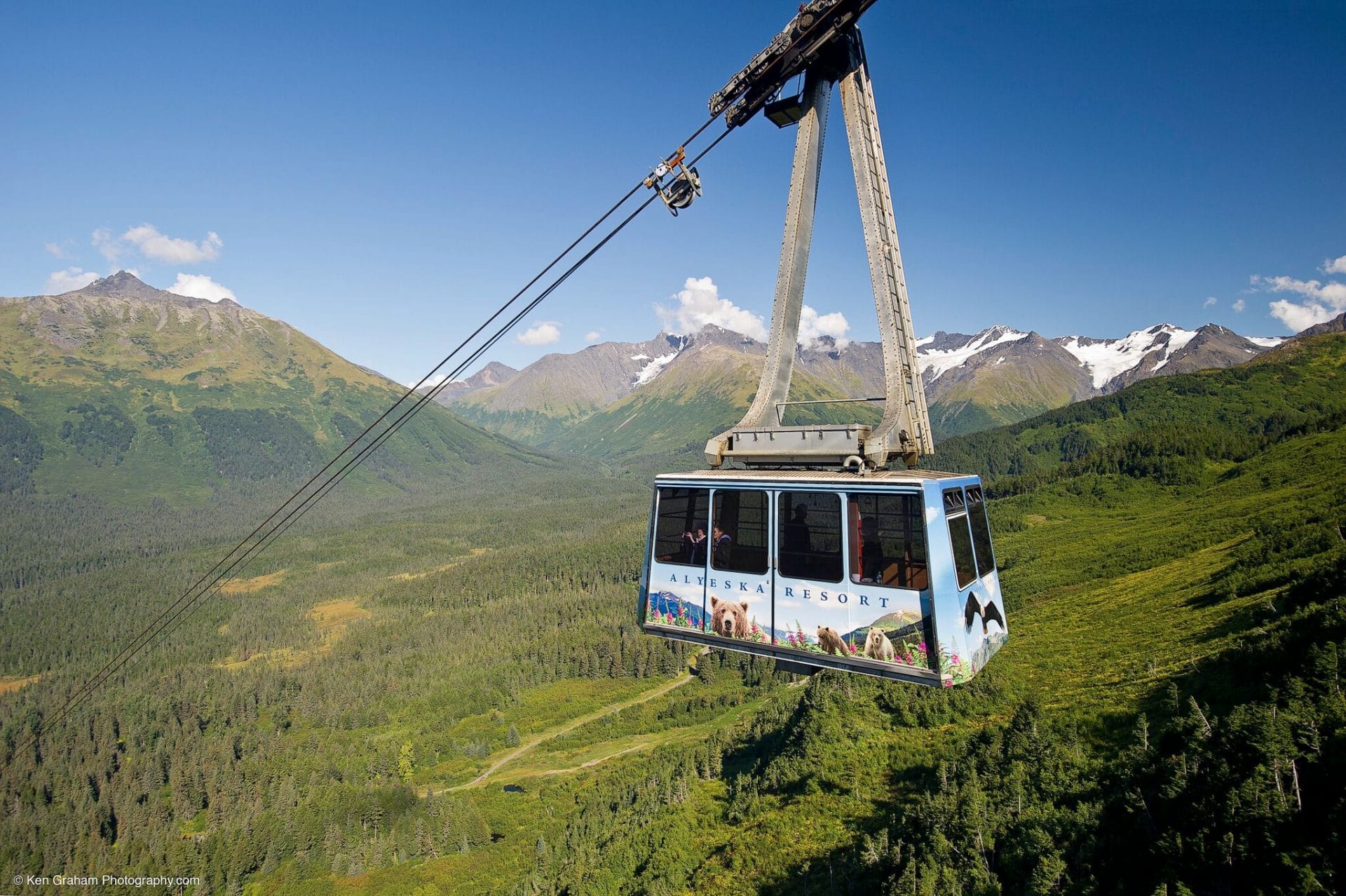 Mt Alyeska tram on the way over trees mountains in the background