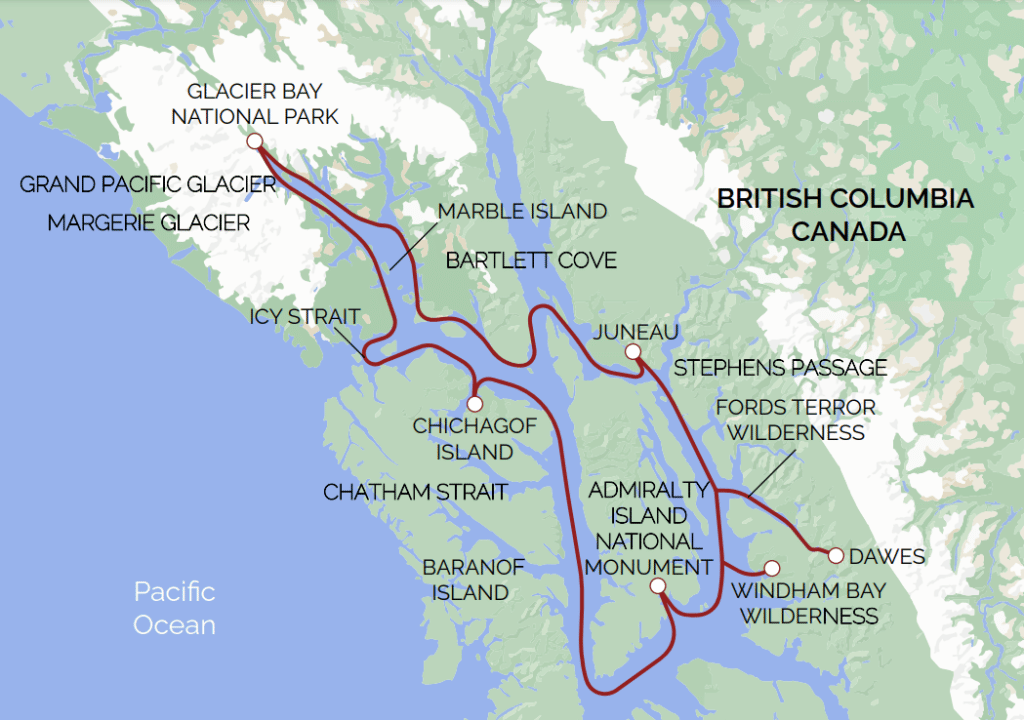 Alaska Glacier Cruise map 2023 UnCruise
