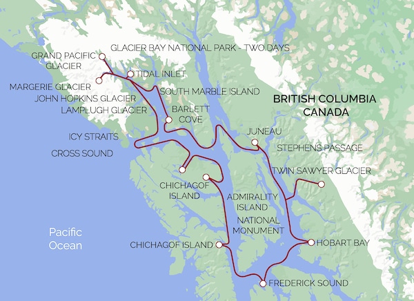 Map Glacier Bay cruise