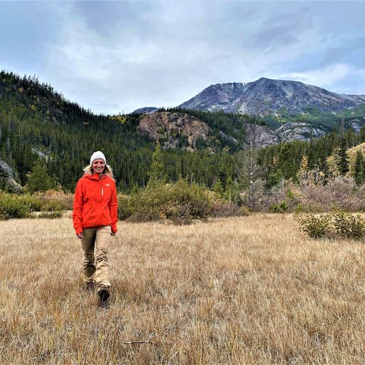 hiker in a red jacket on a brown field with mountains in the back