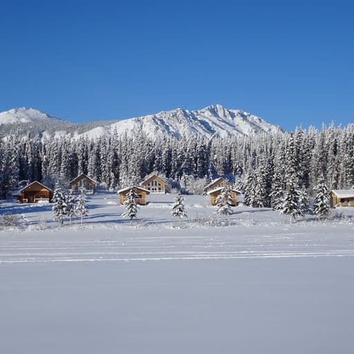 cabins in snowcapped landscape Southern Lakes Resort