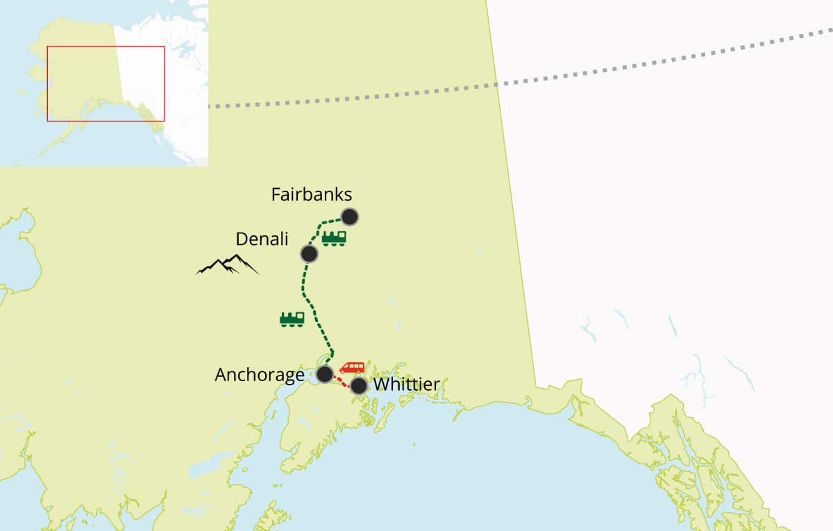 Whittier to Fairbanks by Train map
